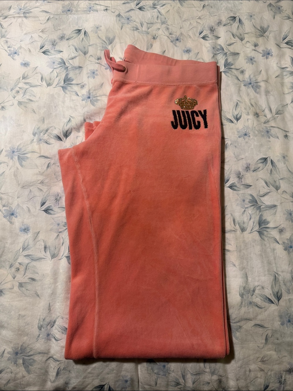 Juicy Couture Coral Velour Joggers with Gold Crown Accent